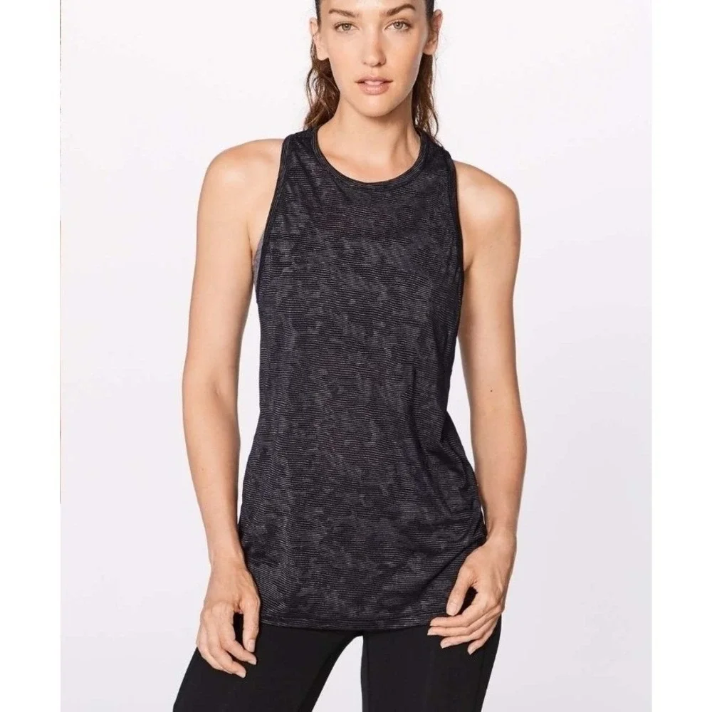 Lululemon 6 Miles Ahead Tank Black Camo Sheer Open Back Activewear W1ANGS